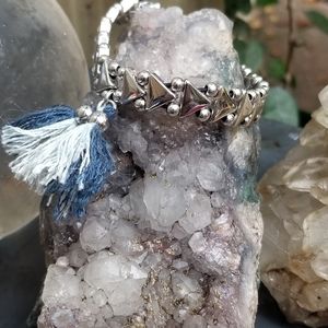 J Crew Blue Tassel Silvertone Stretchy Bracelet